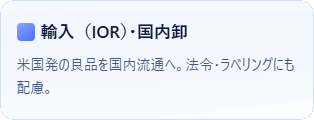 輸入（IOR）・国内卸: 海外で実績のある良品を国内へ。通関・規制・表記も丁寧に対応