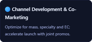 Channel Development & Co-Marketing: Optimize for mass, specialty and EC; accelerate launch with joint promos.